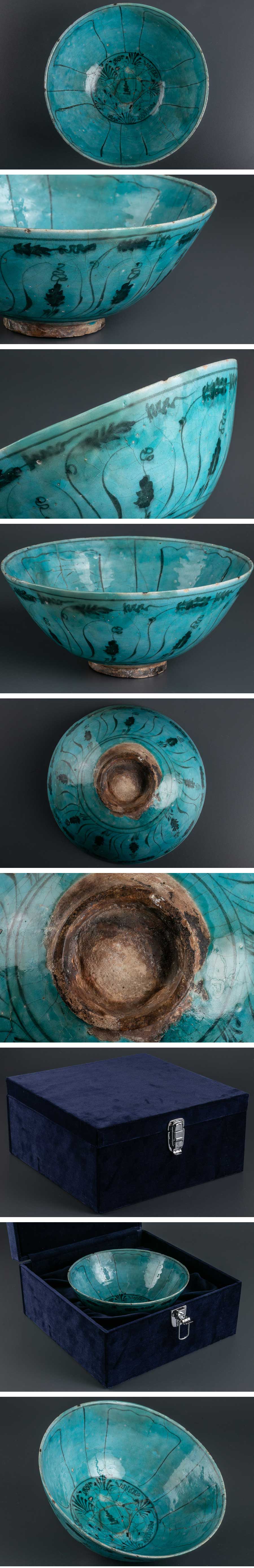 値下げ幅『 ペルシャ 古陶磁 藍釉草花絵鉢 箱付 8613 』 発掘品 考古学 イラン 銀化 ラスター彩 古美術 西洋美術 イスラム陶器