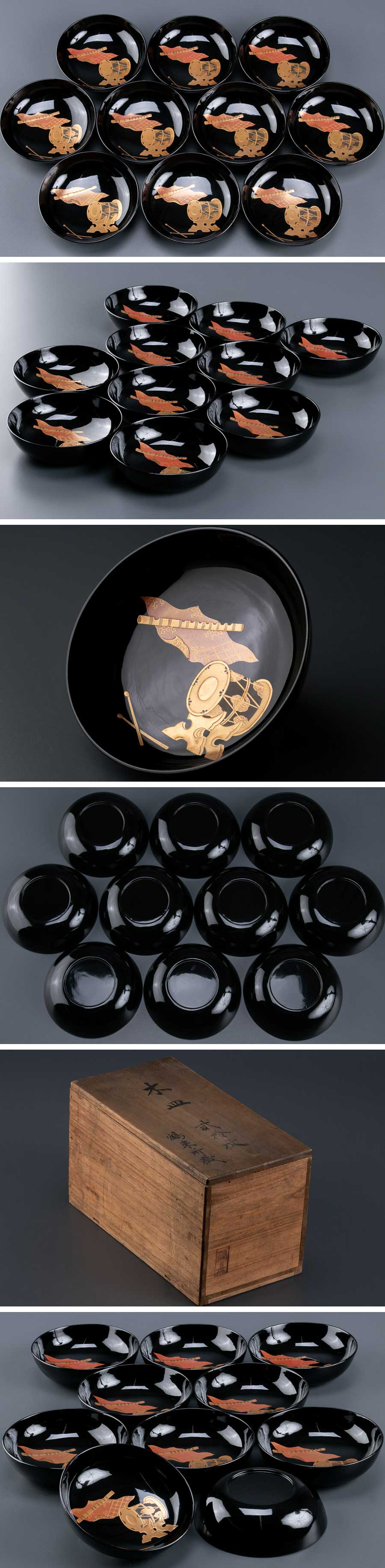 輪島塗 松本鉄男 真塗鼓笛蒔絵木皿 10客 箱付 9193 』 10枚組
